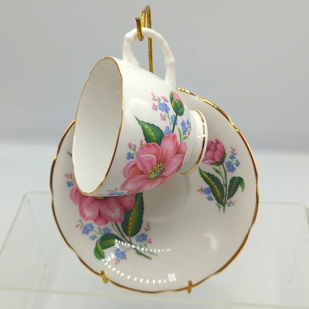 Teacup & Saucer Fine Bone China Made in England Floral Gold Trim